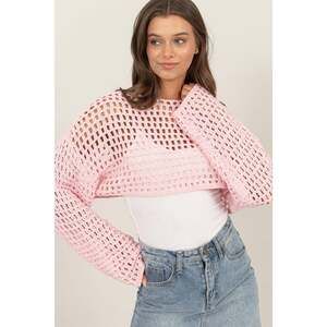 Blush Pink Mesh Crochet Crop Top Long Sleeve Y2k Knit Sweater Shrug